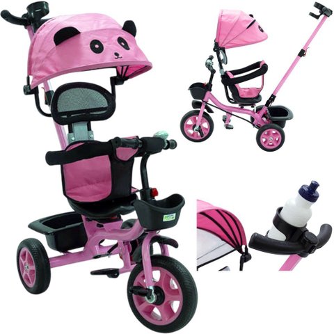 Triciclo Carrinho de Passeio Infantil com Capota Porta Objetos até 50kg Empurrador Haste