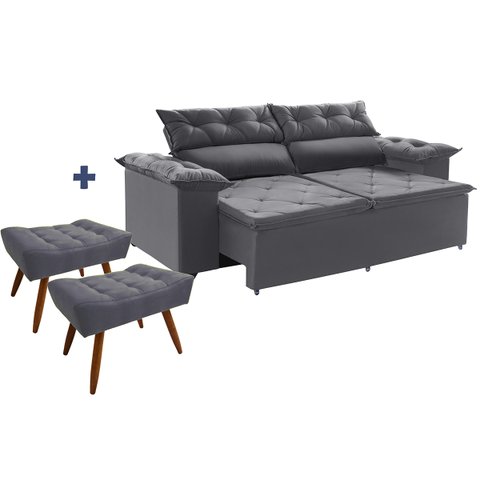Sofá Compact 200 Cm Retrátil e Reclinável com Molas Espirais Cinza Mais 2 Puffs com Pés Palito