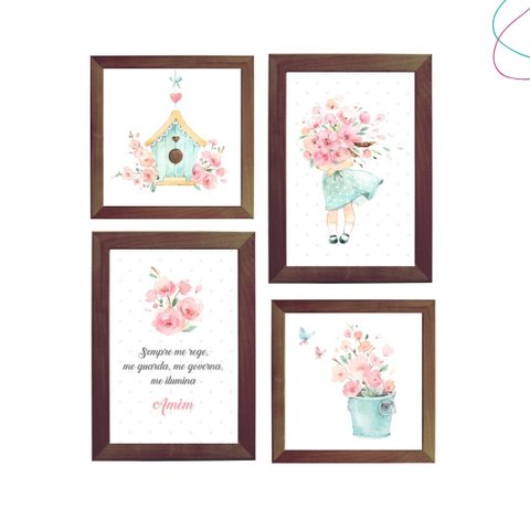Kit 4 Quadros Decorativos Menina Aquarela, Passarinho, Flor:tabaco