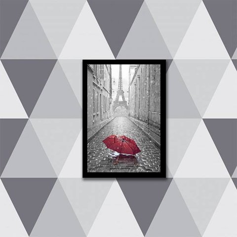 Quadro Guarda Chuva Vermelho e Torre Eiffel 24x18cm - com vidro:Madeira preta