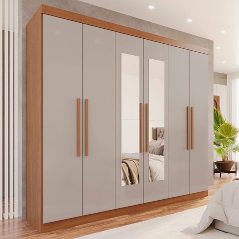 Guarda-Roupa Casal 6 Portas 4 Gavetas com Espelho New Malibu Espresso Móveis Marrom/Cinamomo/Off White