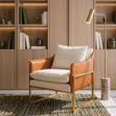 Ver imagem 1 de Poltrona Confortável Decorativa Sala Recepção Base Ferro e Madeira - Tecido E Couro Ecológico
