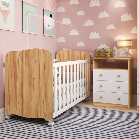 Quarto de Bebê Cômoda 3 Gavetas Berço Americano 100% MDF Teka Espresso Móveis Branco Brilho/Amêndoa