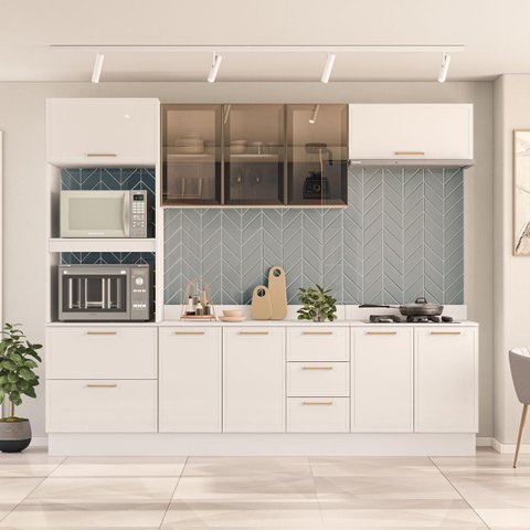Cozinha Amara 270cm Armários Aéreos Porta Vidro Torre Quente Balcões Tampo Rodapé Branco 250782