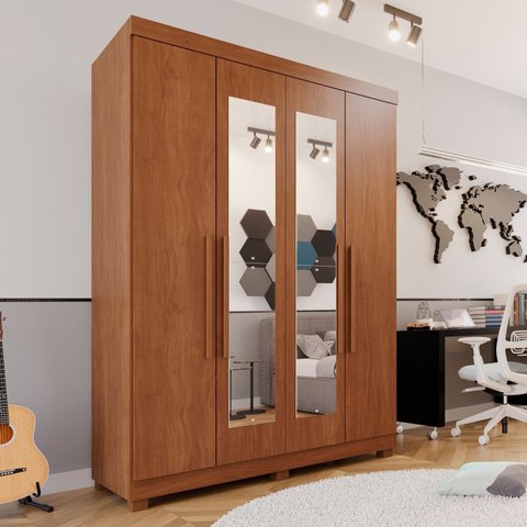 Guarda-Roupa Solteiro 4 Portas 3 Gavetas com Espelho com Pés Roma Espresso Móveis Marrom/Cinamomo