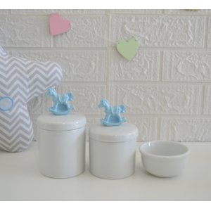 Kit Higiene Porcelana Baby Maternidade + Potes + Molhadeira K015 Cavalo Azul