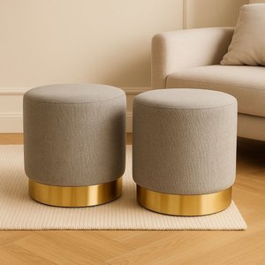 Kit Puff com Rodape Dourado Cinza Linho