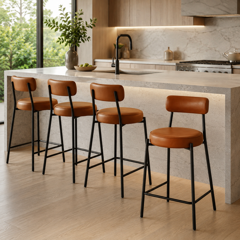Banqueta Alta Cozinha Bancada Ilha com Encosto Industrial Preto Kit 4 Londres PU Nozes D03 - D’Rossi