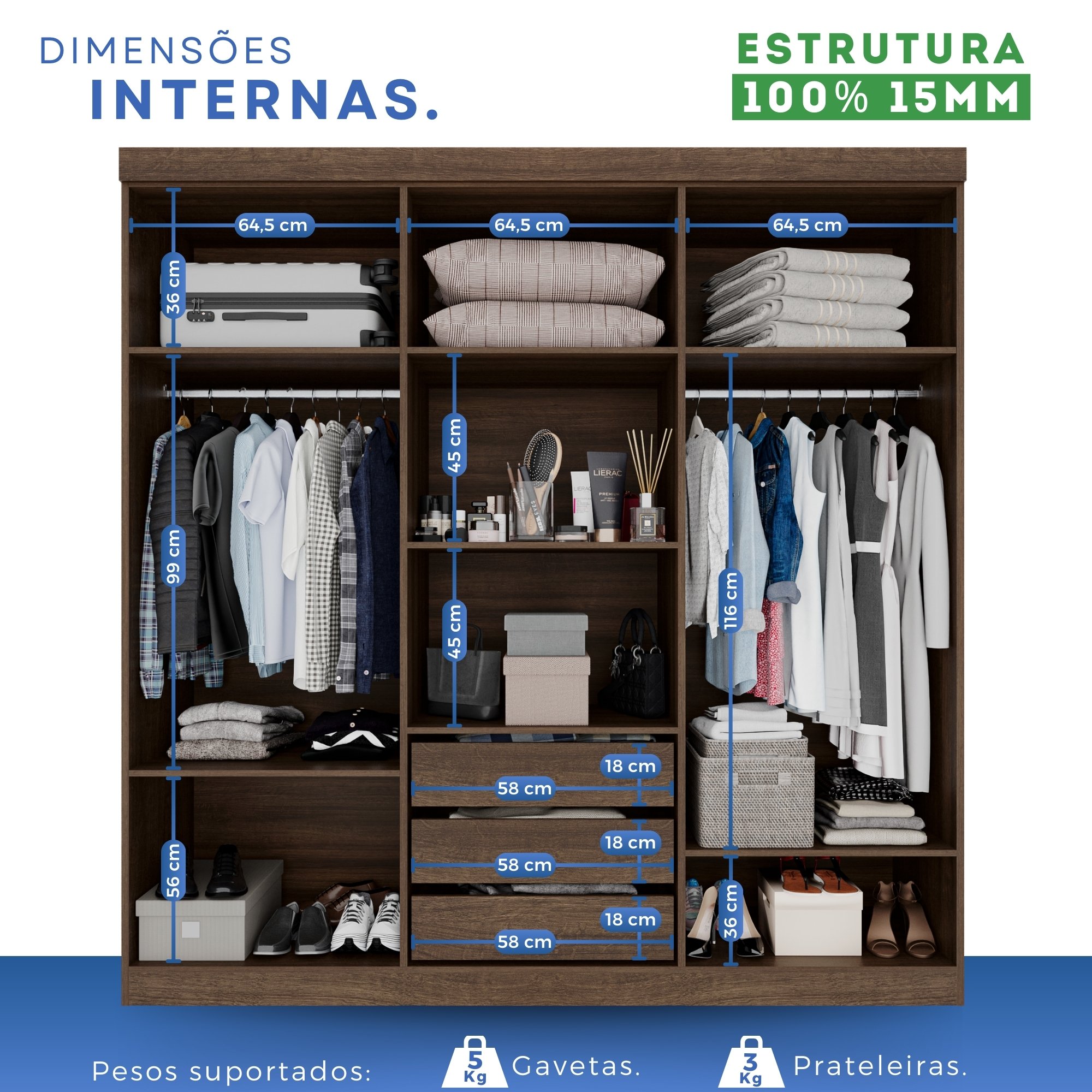 Guarda-roupa Casal 6 Portas 3 Gavetas Roma Espresso Móveis - 6