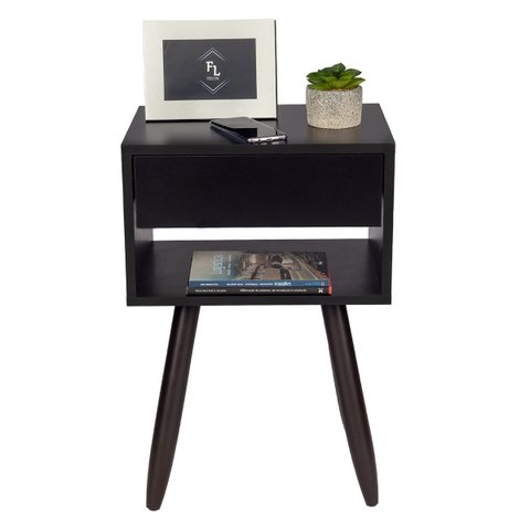 Mesa de Cabeceira Preto Retro 55cm de Altura Pés Marrom Escuro - Enviamos Montada
