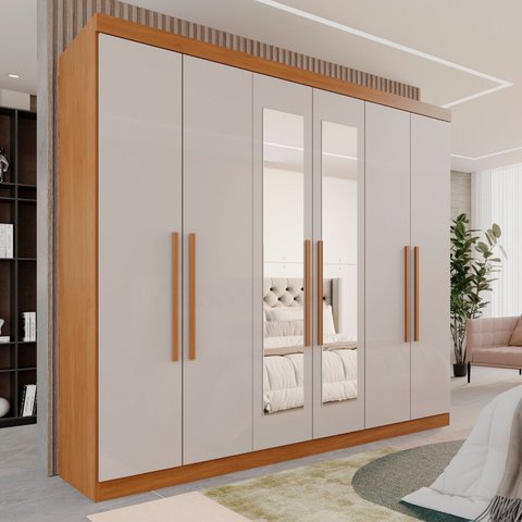 Guarda-Roupa Casal Casal 6 Portas 3 Gavetas com Espelho Roma Espresso Móveis Marrom/Cinamomo/Off White