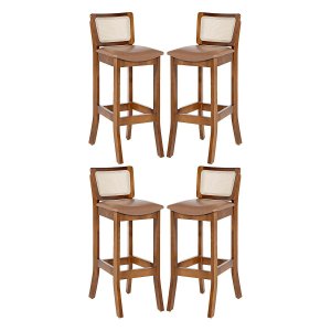 Kit 4 Banquetas Alta com Encosto em Rattan Portugal Estofado Impermeável Caramelo L85 Rmi