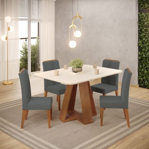 Conjunto de Mesa Kiara 120cm Freijó Off White e 04 Cadeiras Yasmin Freijó Linho Granito DJ Móveis