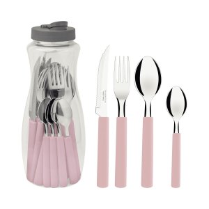 Kit Faqueiro Talheres e Garrafa Jarra 1,2l Água Tramontina 16pçs Gamboa Rosa:rosa