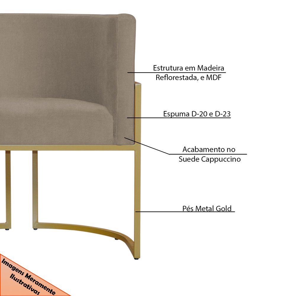 Kit 6 Poltronas Decorativa Sala de Estar Luana Base Gold Suede Cappuccino - Montanaris Decor Md Mont - 6