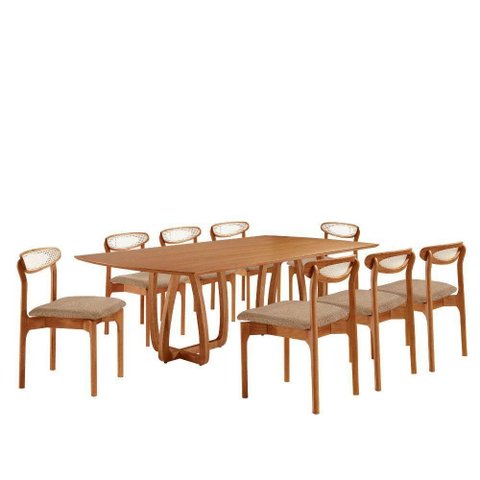 Sala de Jantar Mesa Flora Tampo Laminado Barril 8 Cadeiras Linho Palha/imbuia Nat/cinam. Imbuia