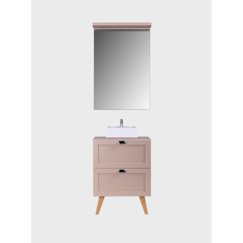Gabinete para Banheiro com Tampo Cuba e Espelho com LED 60cm Retro MDF Rosa Milano - On Móveis