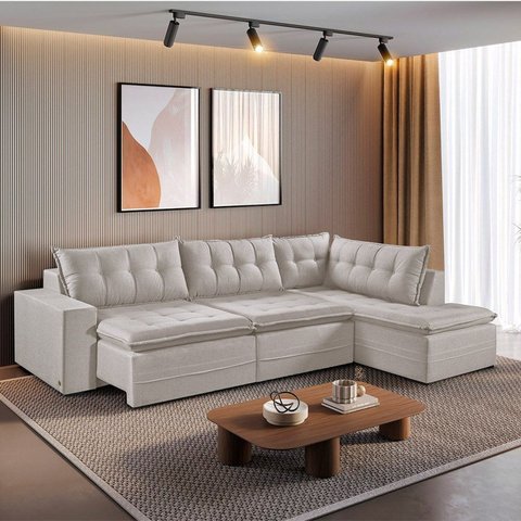 Sofá Retrátil 6 Lugares 315cm com Chaise a Direita de 91cm Presidente Bege Cru