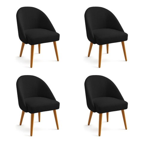 Kit 04 Cadeiras Poltrona de Jantar Estofada Luna Bouclê Preto Pés Palito Castanho
