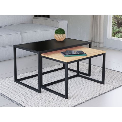 Conjunto Mesa de Centro Industrial 65cm e 60cm Aço Preto Duo Madeira Don Castro Decor
