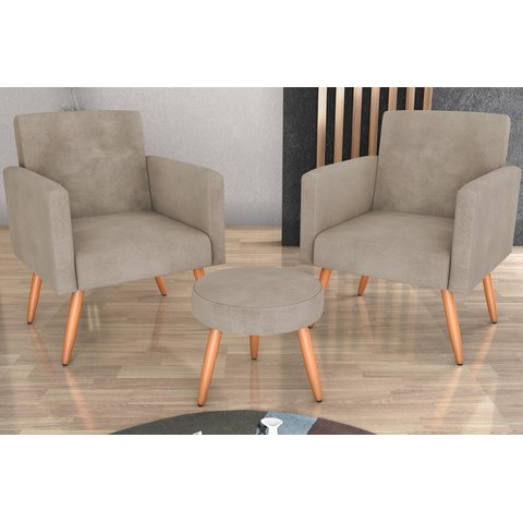 Kit 2 Poltronas + Puff Dallas Suede Bege B251 - Matrix