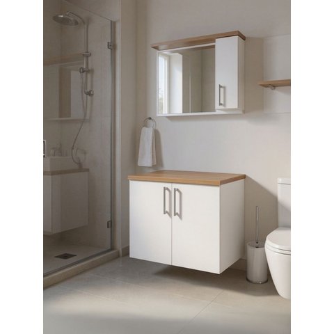 Gabinete para Banheiro com Espelheira 80cm MDF Freijo com Branco Paris - On Móveis