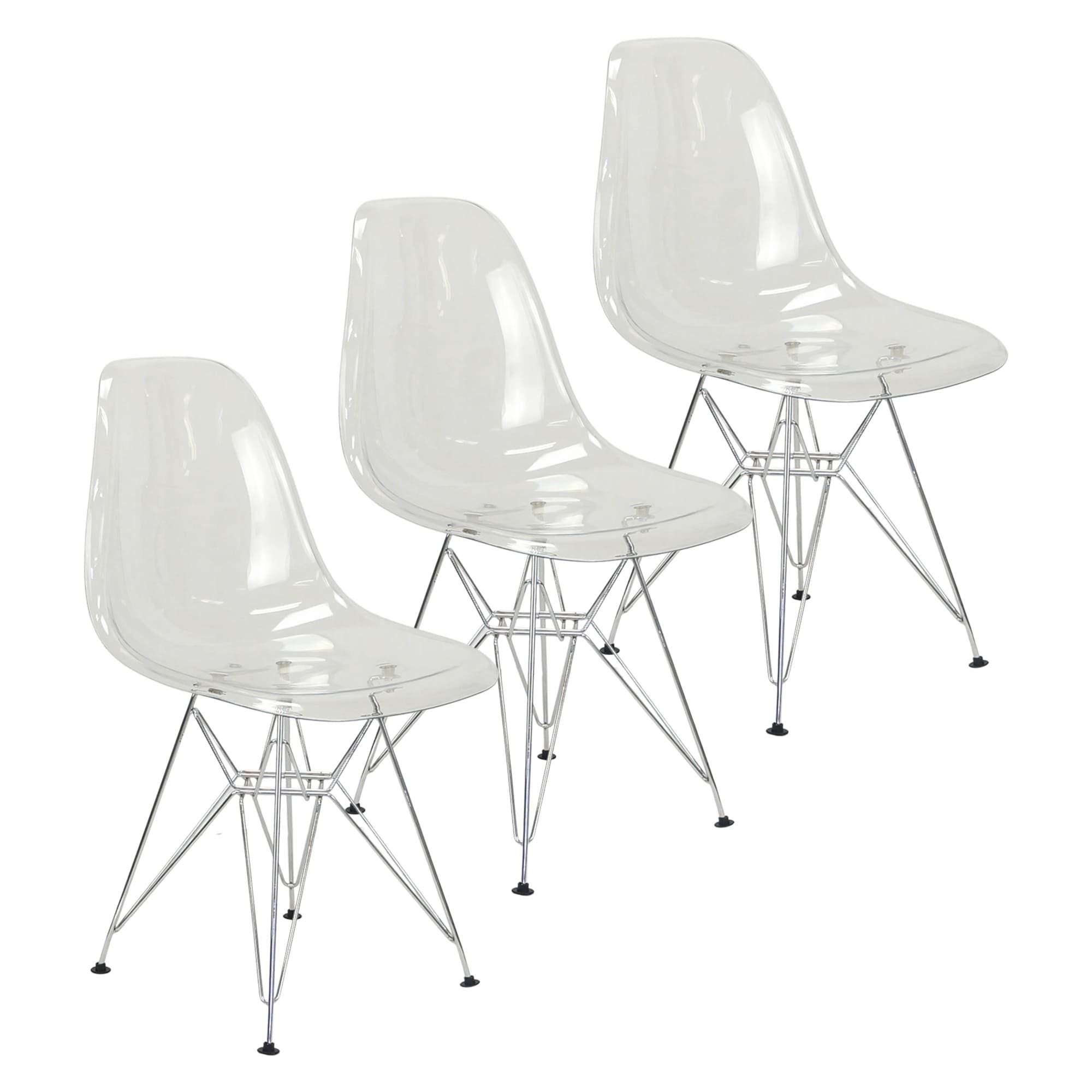 Kit 3 Cadeiras Eames Cristal Transparente Eiffel Base Metal Cromado