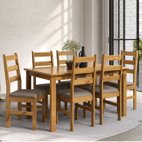 Conjunto Sala de Jantar Mesa 140cm e 6 Cadeiras Estofadas 100% Madeira Maciça Serena Nogueira