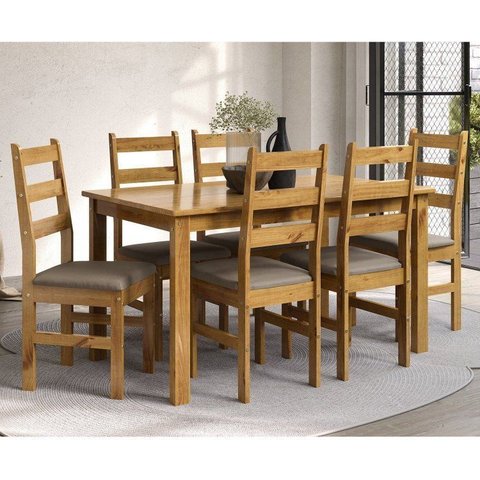 Conjunto Sala de Jantar Mesa 140cm e 6 Cadeiras Estofadas 100% Madeira Maciça Serena Nogueira