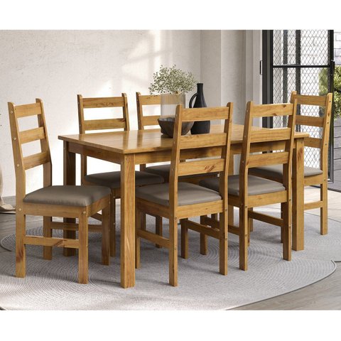 Conjunto Sala de Jantar Mesa 140cm e 6 Cadeiras Estofadas 100% Madeira Maciça Serena Espresso Móveis Nogueira/Mascavo