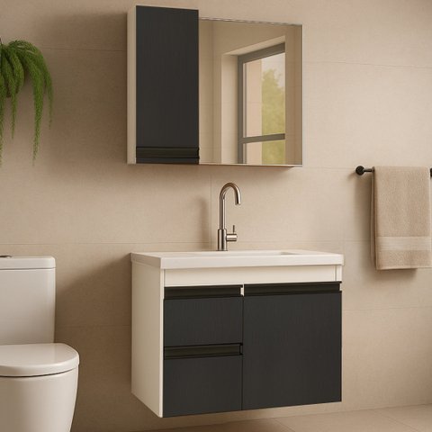Gabinete para Banheiro com Armário, Gavetas e Cuba King 58cm Fimap Branco Grafite