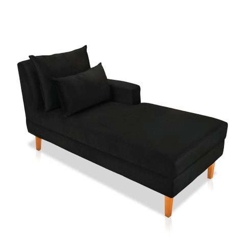 Divã Chaise Chloe 160 cm Veludo Preto Pés Chanfrado Castanho - D’Rossi