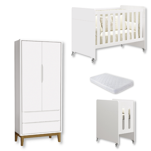 Quarto de Bebê Berço Evolution + Guarda Roupa 2 Portas Classic Branco + Colchão