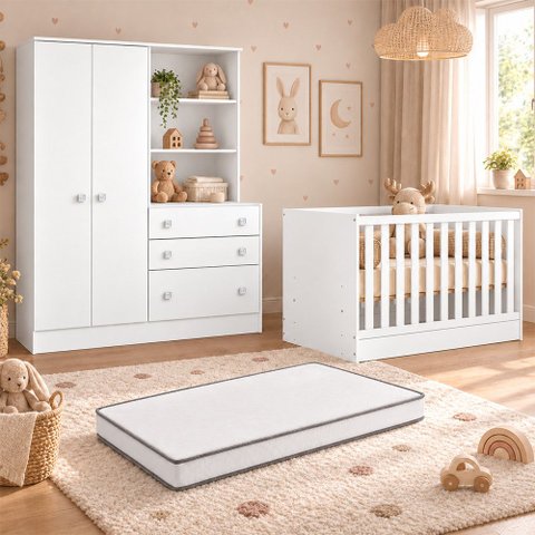 Kit Quarto de Bebê Doce Sonho com Berço Mini Cama Guarda Roupa com Cômoda e Colchão D18 130x70 Movel