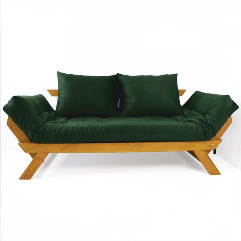 Sofá Japão Futon Verde Militar em Madeira Maciça Cor Mel