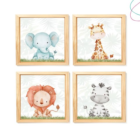 Kit 4 Quadros Decorativos Safari Aquarela Baby Moldura Vidro:pinus