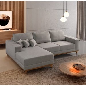 Sofá Fixo com Chaise 2,5m Cronos Linho com Molas Lado Esquerdo Meu Sofá Online