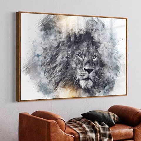 Quadro Decorativo Leão Artístico em Moldura Caixa Tacolado Moldura Trad 1cm Preta com Vidro 40 X 60c