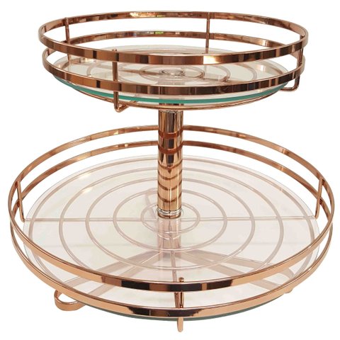 Fruteira Redonda de Mesa com Duas Prateleiras de Vidro Giosul em Aço Carbono Rosé Gold