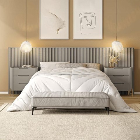 Conjunto Cabeceira Casal 280cm Painel Fixação na Parede MDF Grigio com Dourado Casa Lar Shop