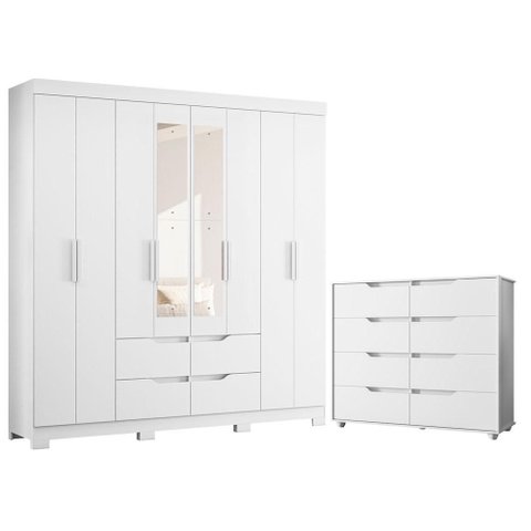 Guarda Roupa Casal Doble 08 Portas com Espelho e Cômoda Doble Branco Freijo Flex -Móveis Albatroz