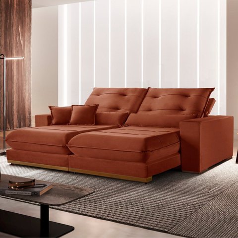 Sofá 3 Lugares Retrátil e Reclinável Veludo 250cm x 105cm Suíça Cobre Terracota