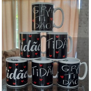 Kit 6 Canecas 300ml - Gratidão - Porcelana - Decoração Caneca Completa - Preto