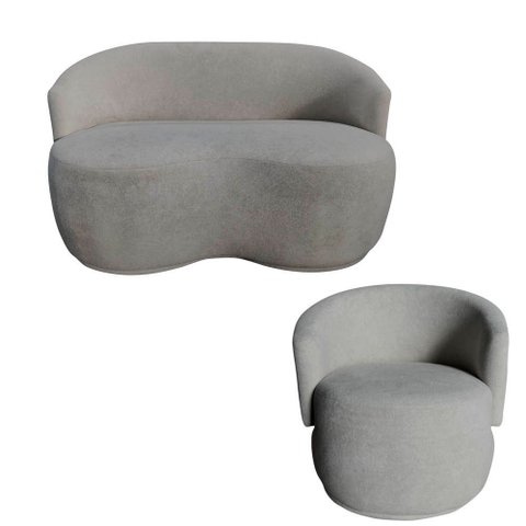 Kit Namoradeira + Poltrona Decorativa Beatriz Orgânica Bouclé Cinza Claro