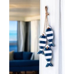 Penduricalho Trio de Peixes em Madeira  com Listra Azul Marinho 41x9x5,5 - 1