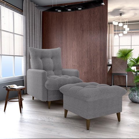 Conjunto P/ Sala Montreal 1 Poltrona Decorativas e 1 Puff Bouclê Cinza - Matrix