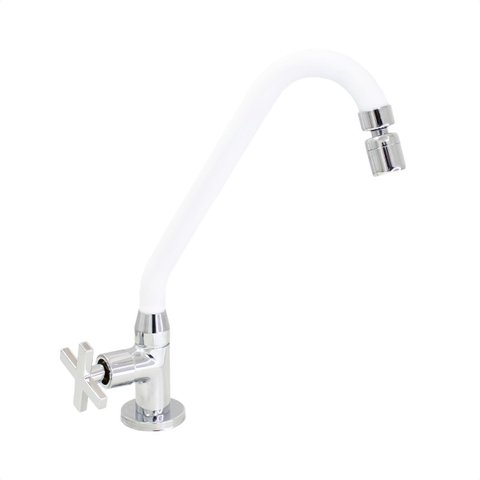 Torneira de Cozinha Gourmet Branco Mesa Bica Móvel Inox Silicone Arejador Articulado 1/4 de Volta