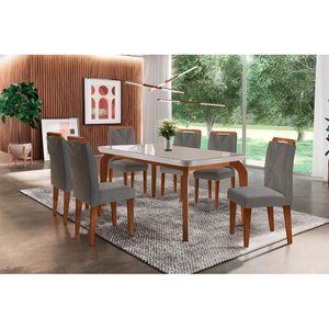 Sala de Jantar Completa Londrina Tampo Madeirado C/ Vidro Curvo 180x90 e 6 Cadeiras Amsterdã Imbuia