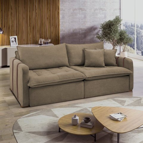 Sofá Cama Retrátil e Reclinável 3 Lugares Veludo Bege Escuro Michigan 220cm Yescasa