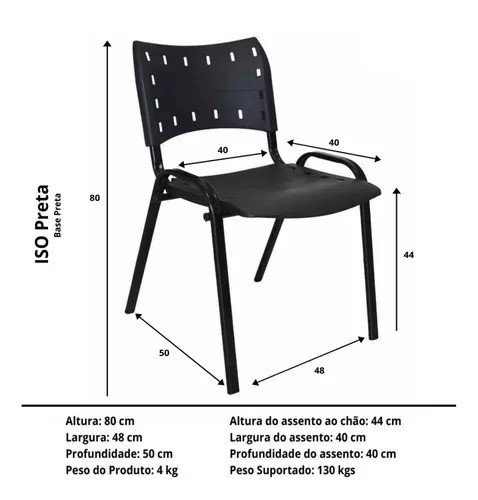 Kit Com 6 Cadeiras Iso Para Escola Escritório Comércio Preta Base Preta - 4